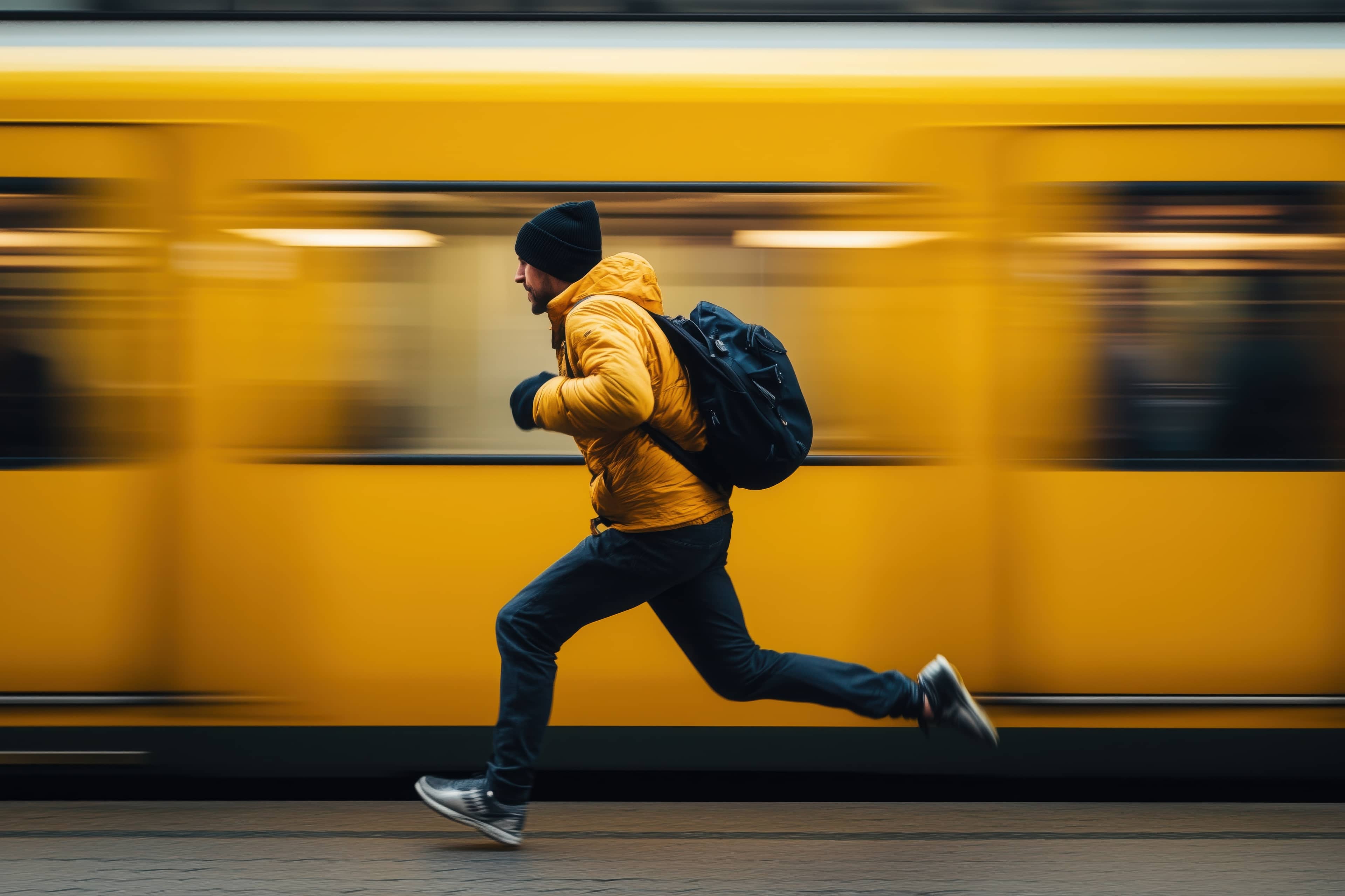 A Person in a yellow coat running for a train