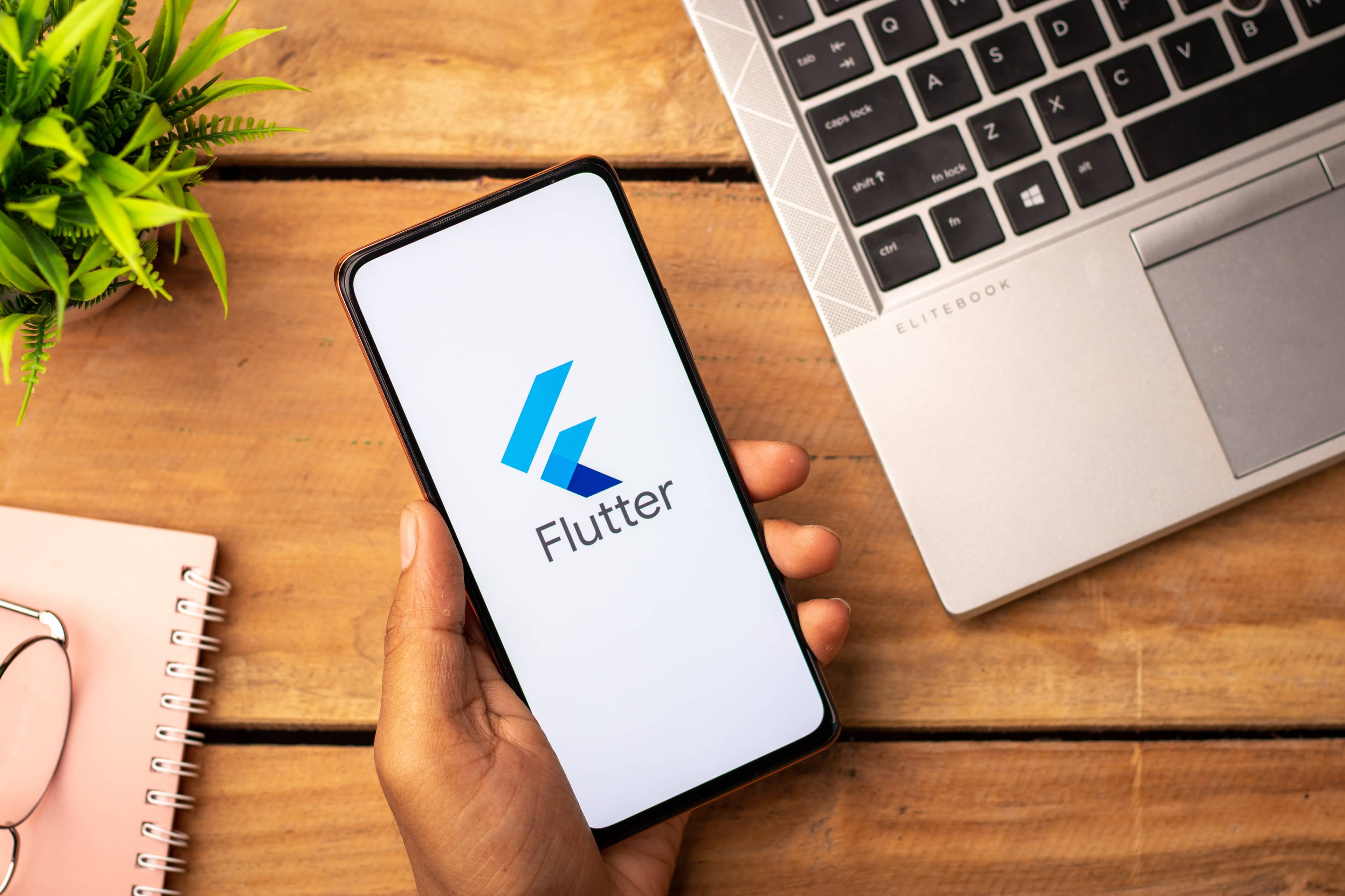 A person holding a phone that has Google's Flutter Logo on it