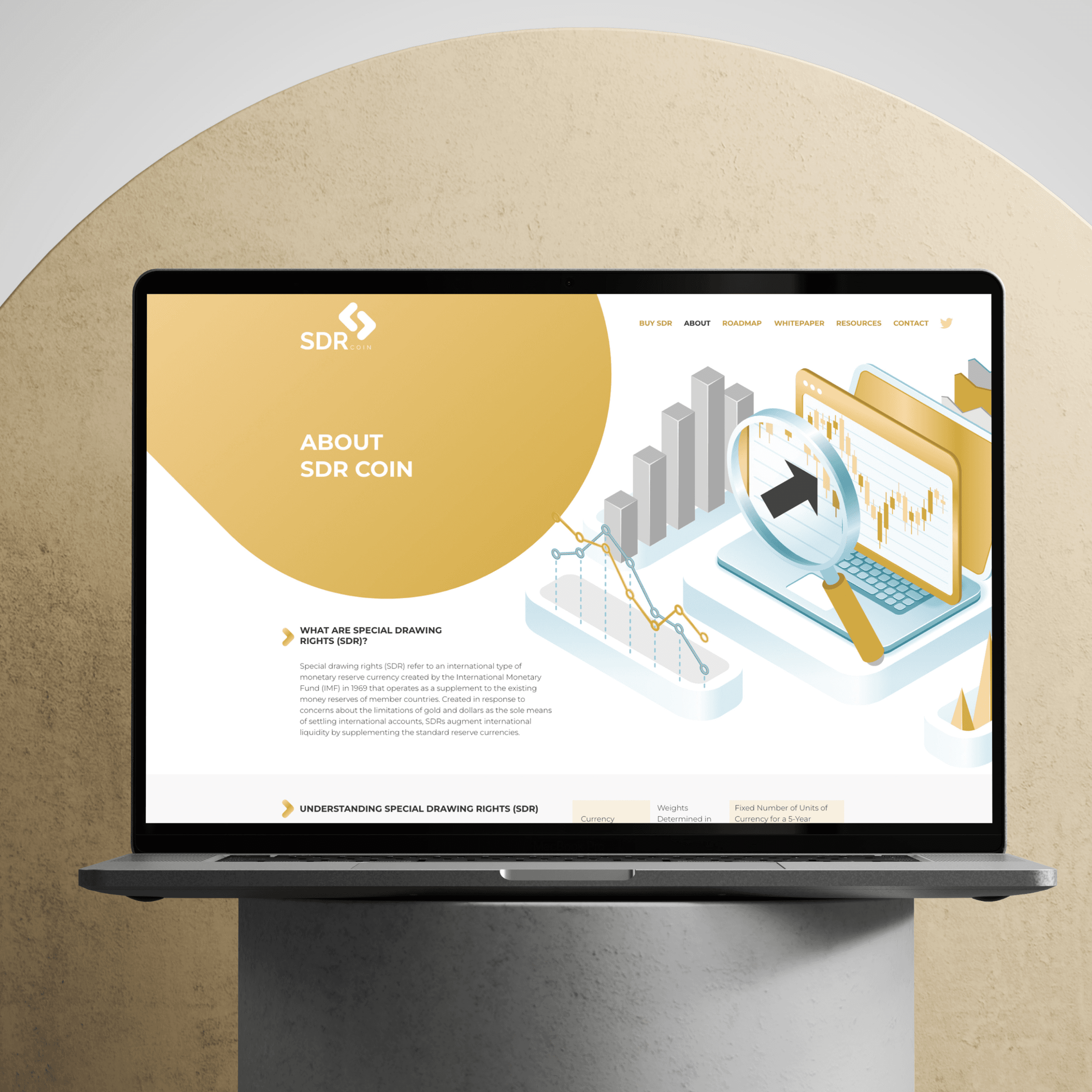 SDR coin website mockup on laptop