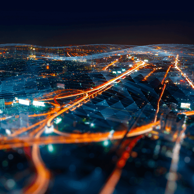 A cityscape at night with slow exposure
