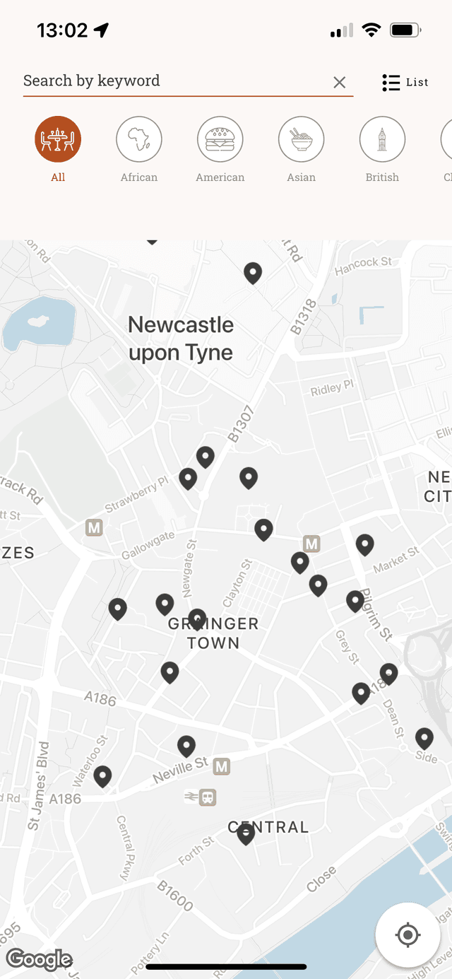 Coeliac UK app map screen