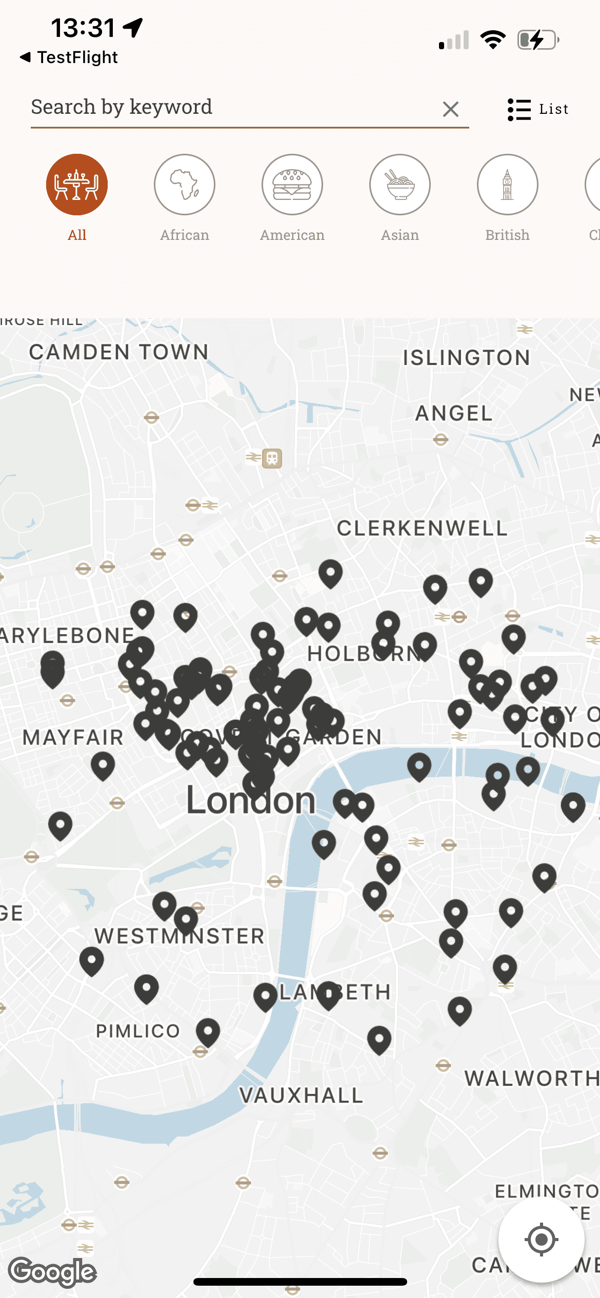 Coeliac UK app map screen