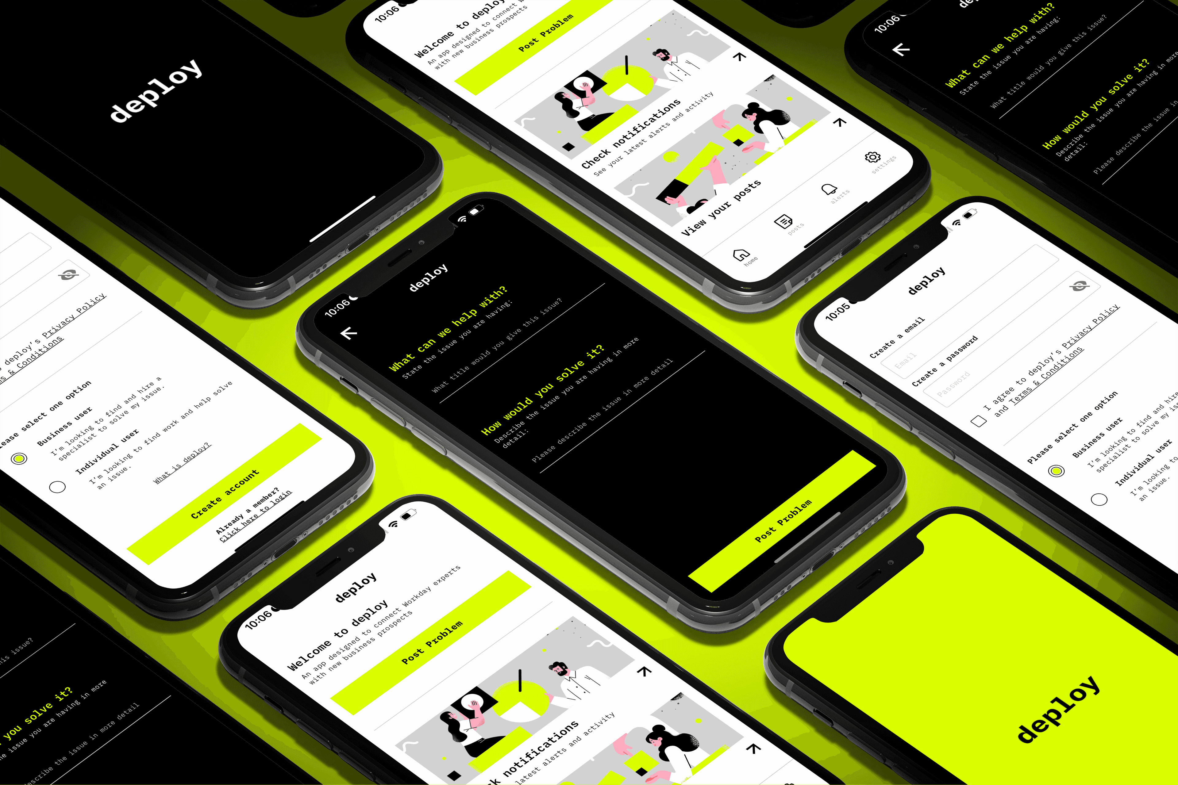 Deploy app screens displayed on iphones in pattern