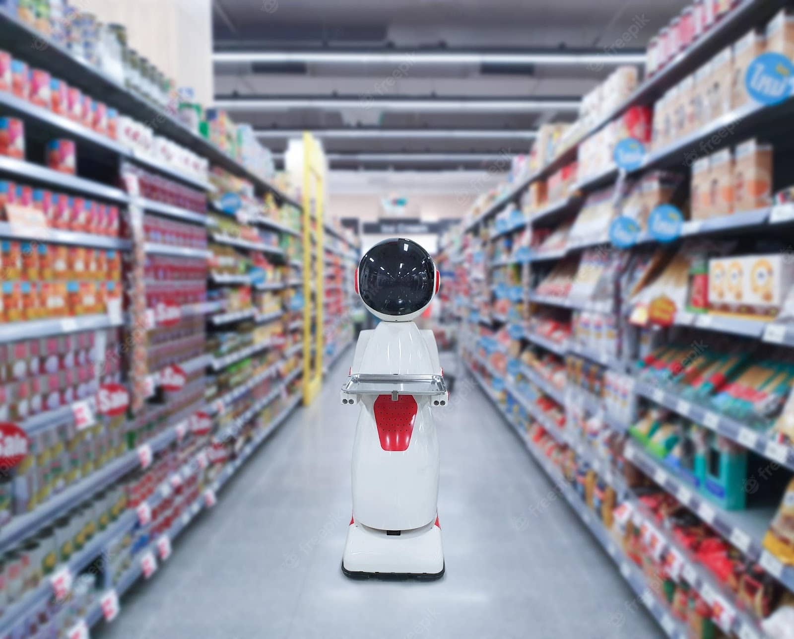 Robot ina. supermarket aisle