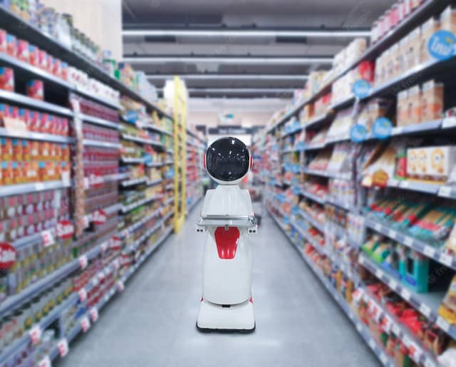 Robot ina. supermarket aisle