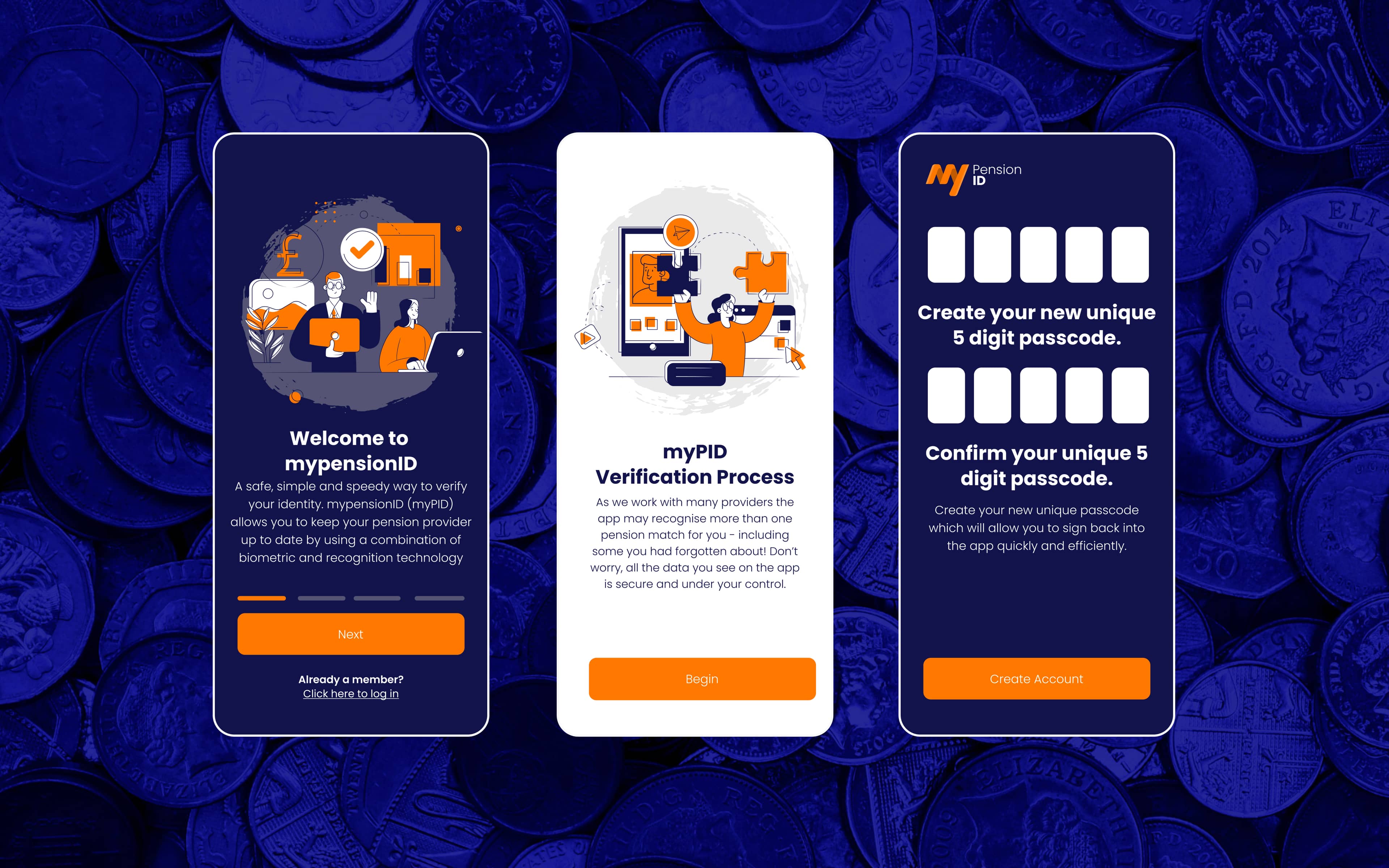 mypensionID App screens on a blue background