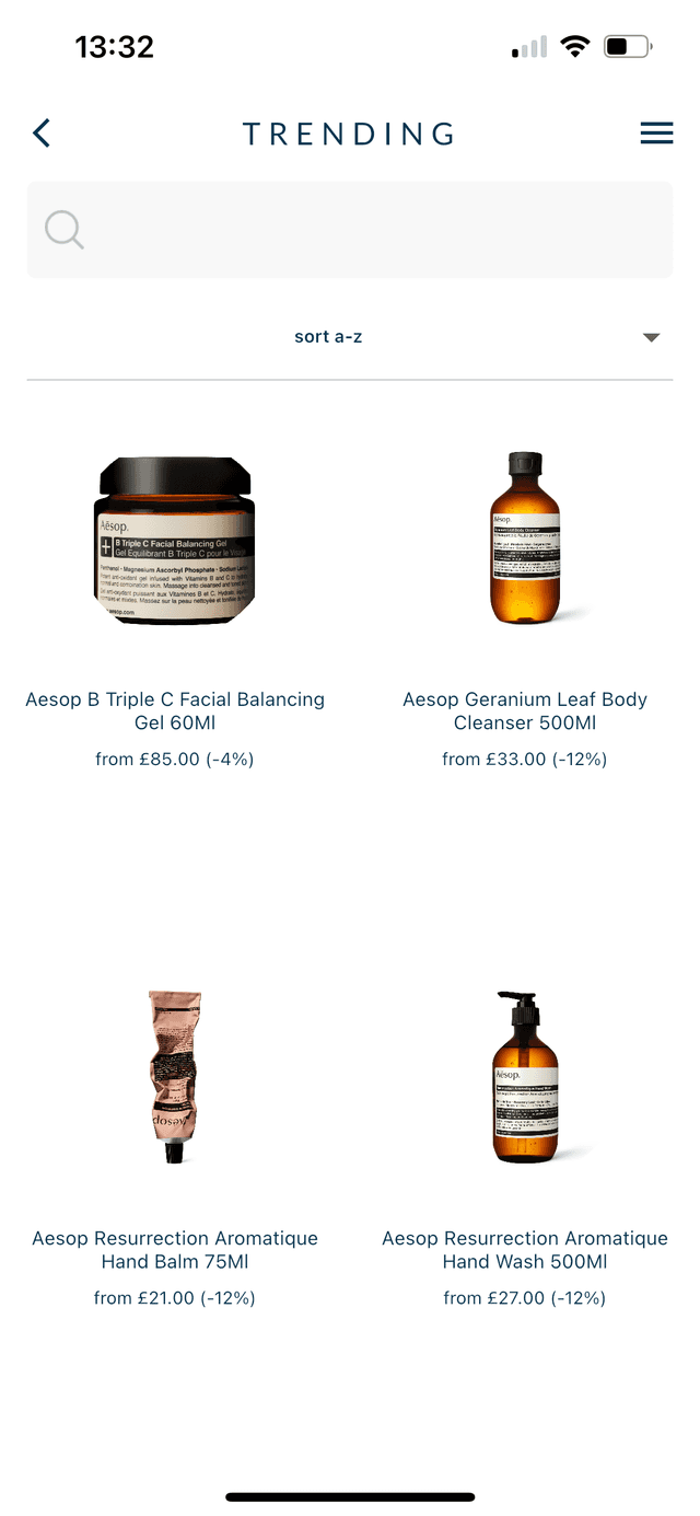 SKIN app product selection