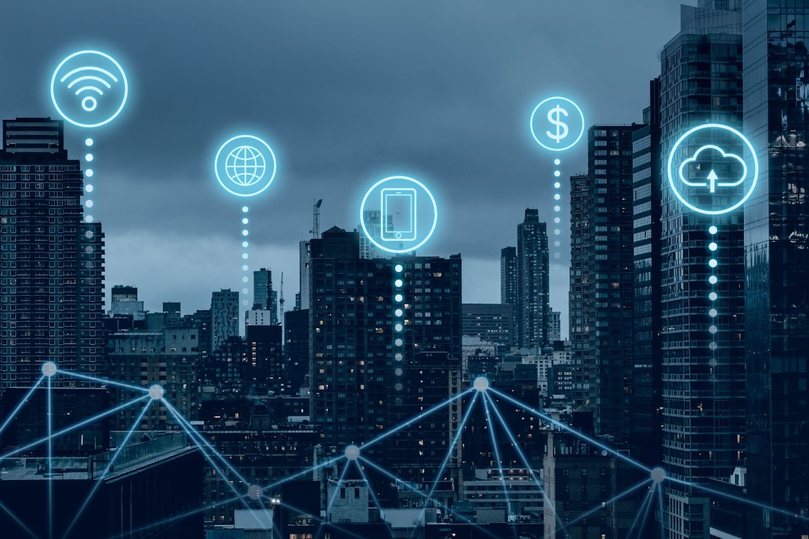 An image of a city with illuminated icons appearing over the buildings