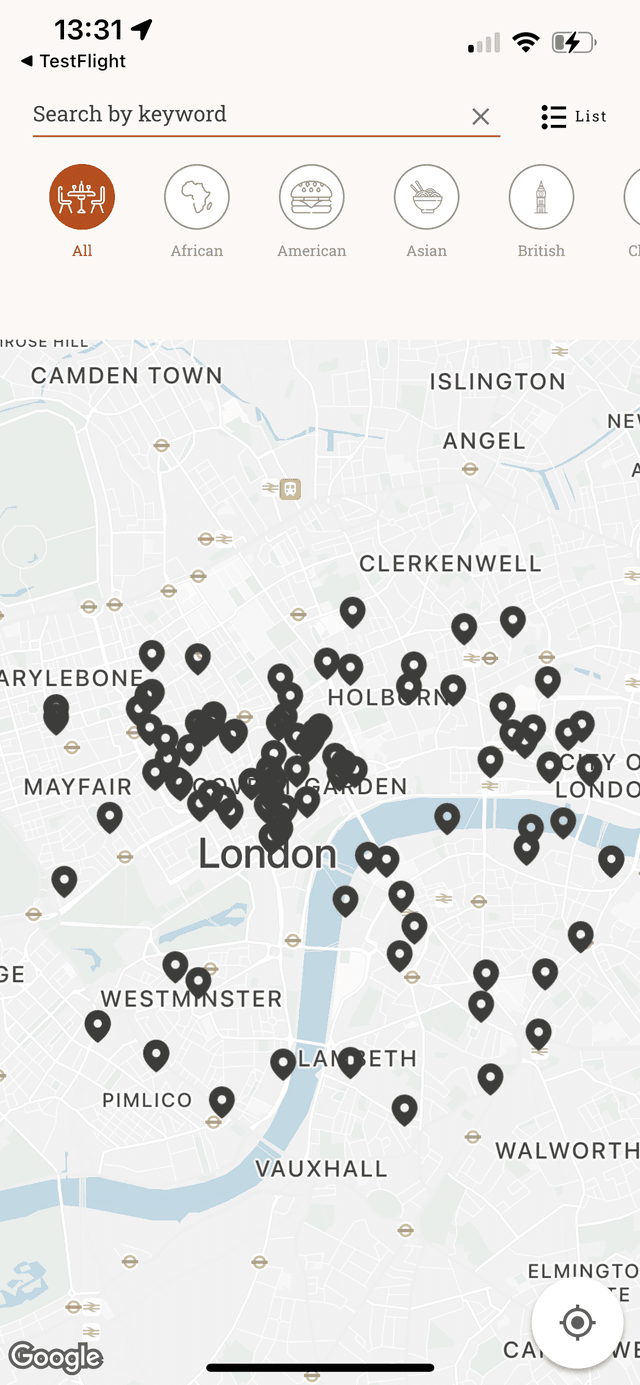 Coeliac UK app map screen