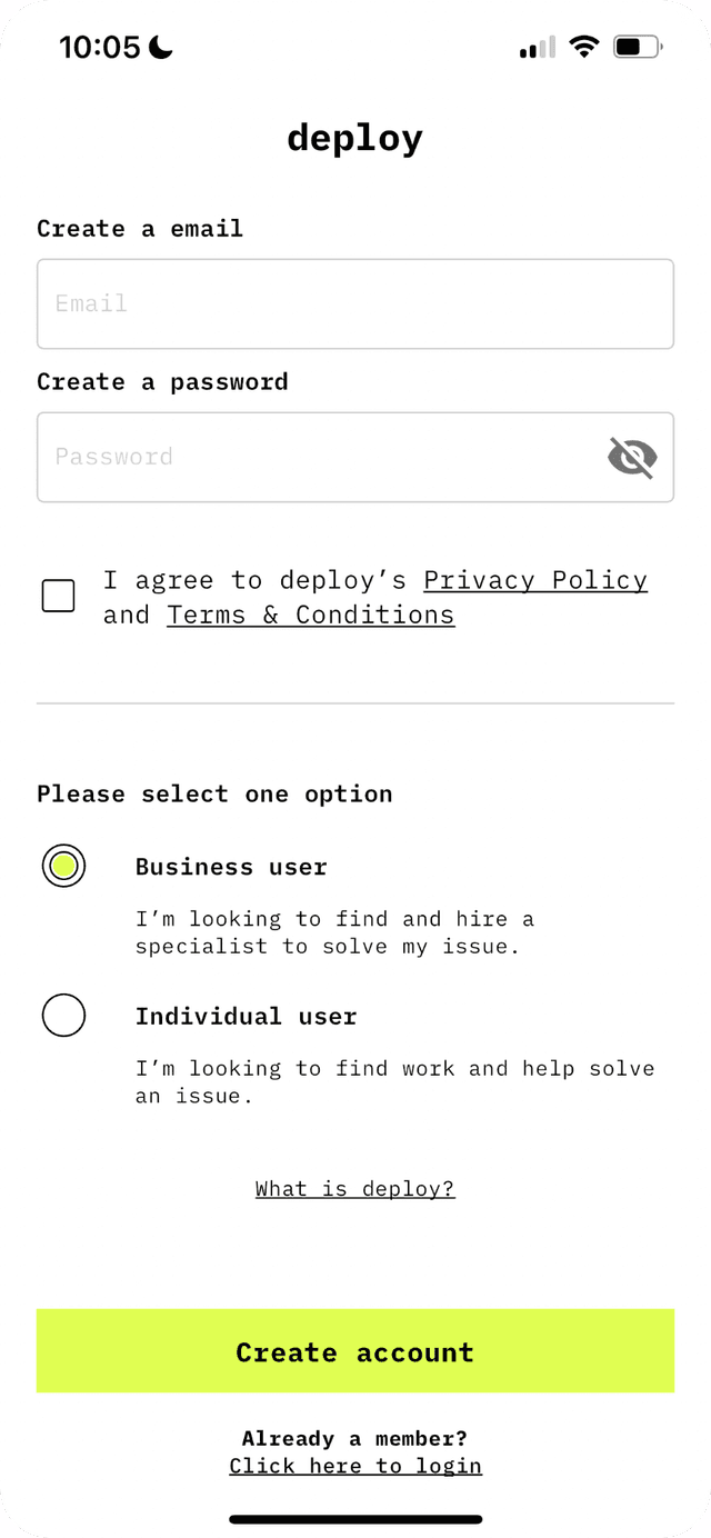 Deploy App login screen