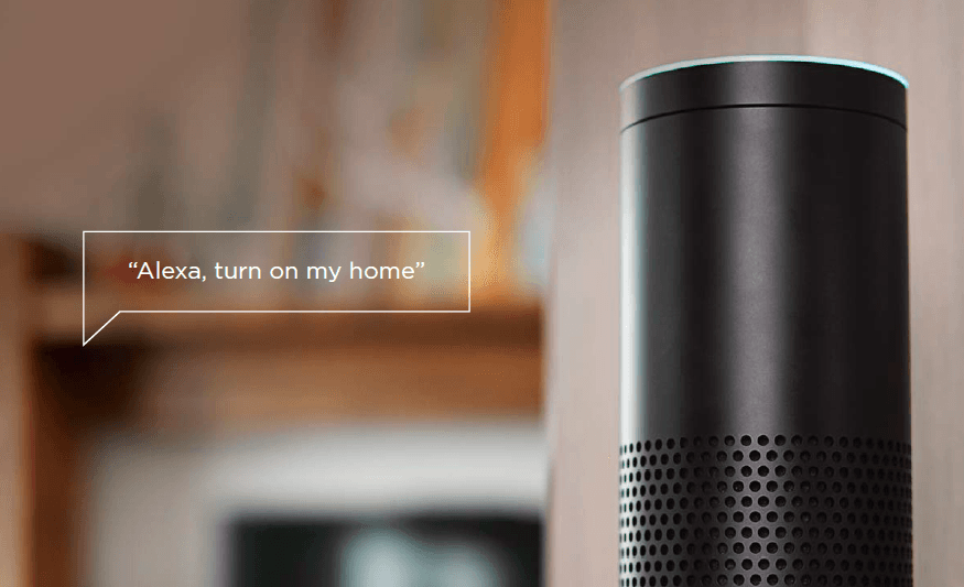 Amazon Alexa with a text callout beside it