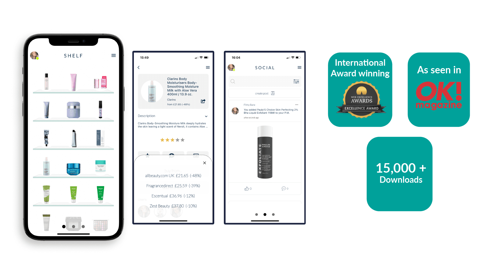 SKIN app on mobile phone mockups showing award wins